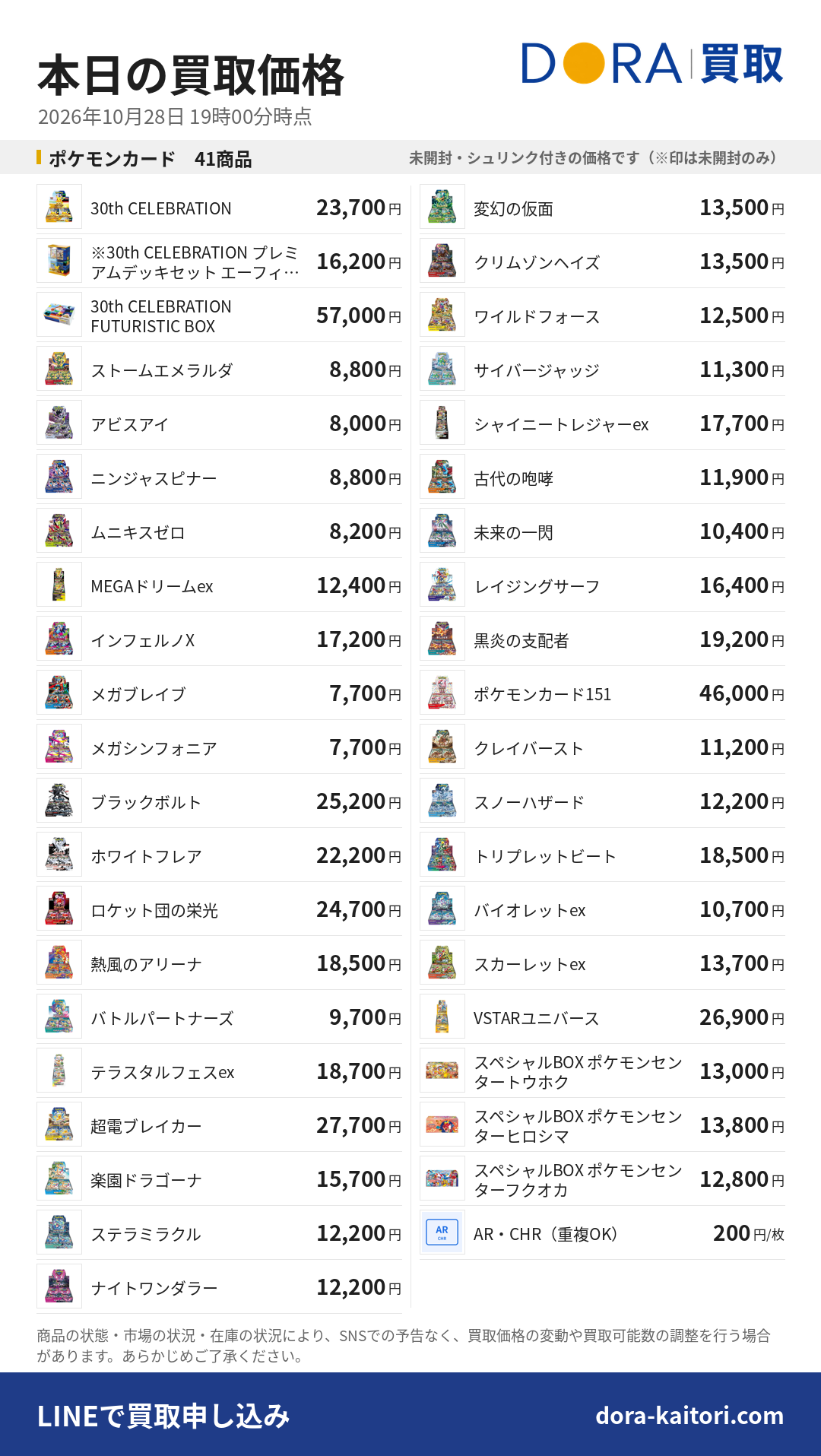 ポケモンカード BOX買取価格表 2026年10月28日 18時30分時点｜買取 DORA